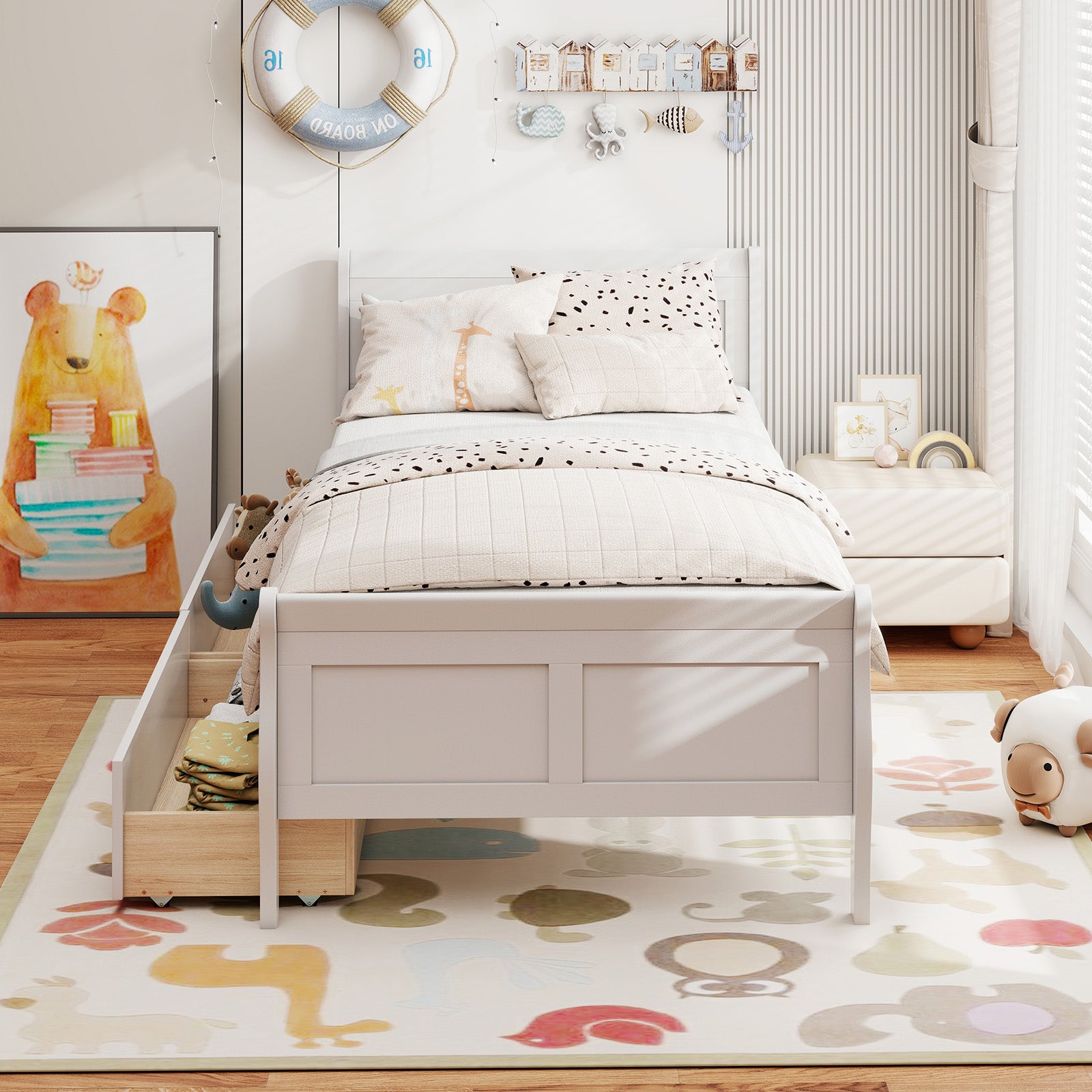 Twin Size Sleigh Bed with 2 Storage Drawers Wood Platform Bed Frame, White Simple Bed Frame at Gallery Canada