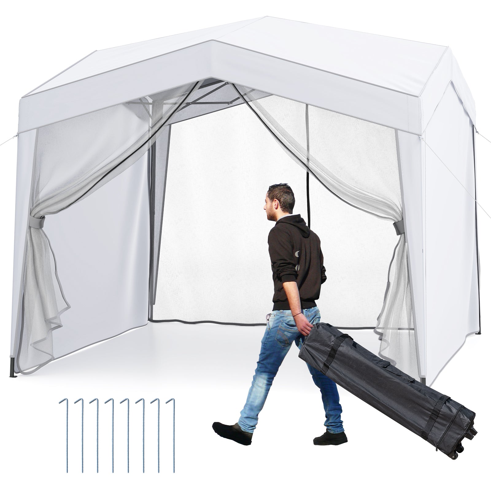 Pop Up Canopy Tent With 4 Sidewalls, Mesh Netting, Wheeled Bag, White Canopies White at Gallery Canada
