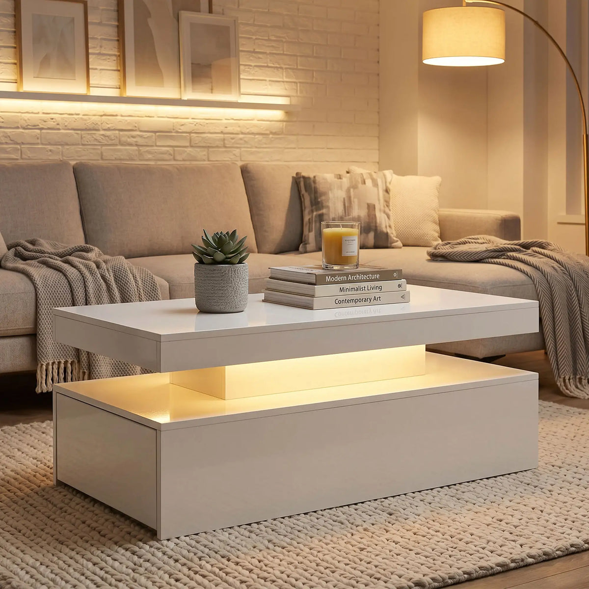 LED Coffee Table With Storage, 2-Tier, White Coffee Tables at Gallery Canada