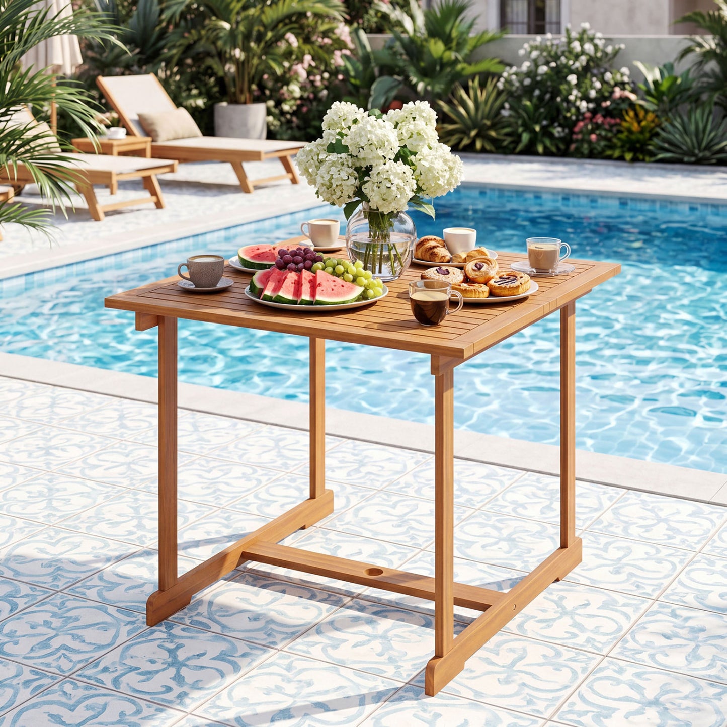 35.5" Acacia Wood Outdoor Dining Table with Umbrella Hole and Reinforced Crossbar for 4 Patio Dining Tables at Gallery Canada
