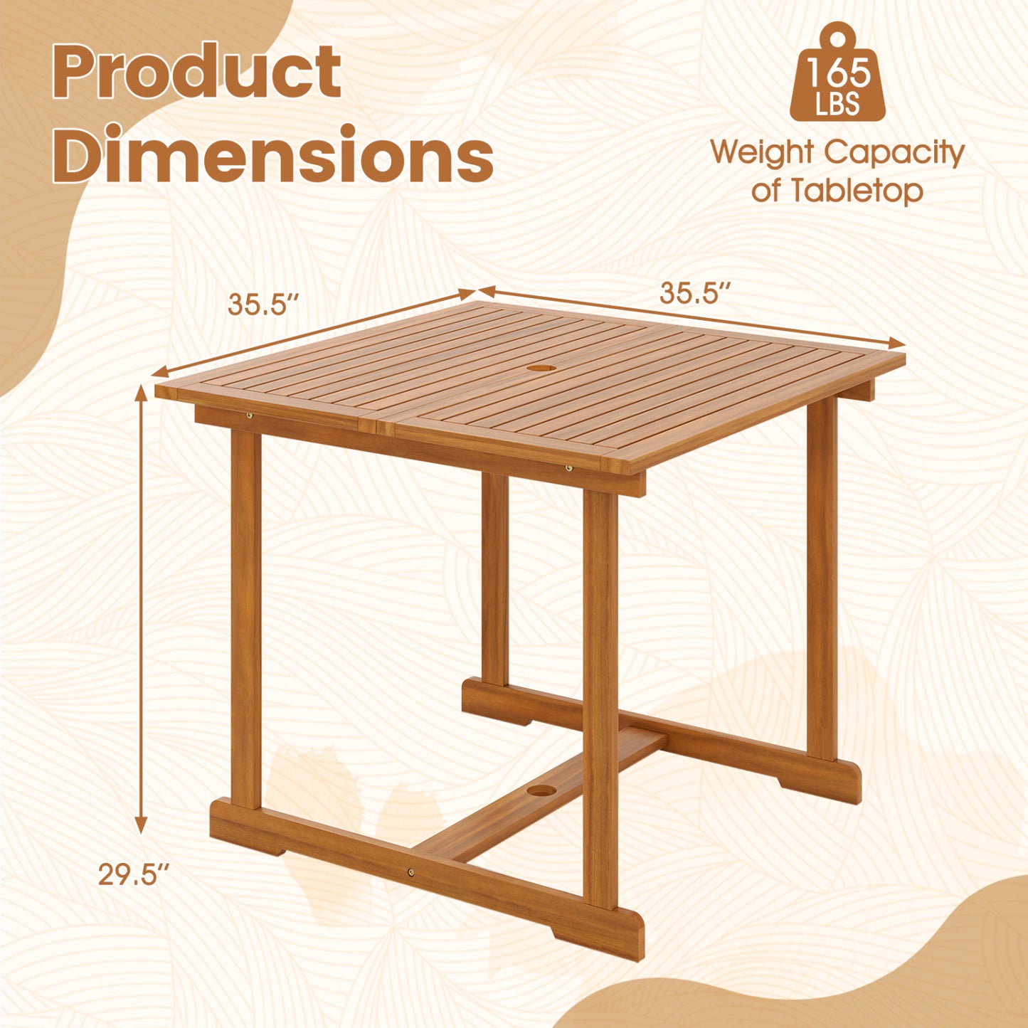 35.5" Acacia Wood Outdoor Dining Table with Umbrella Hole and Reinforced Crossbar for 4 Patio Dining Tables at Gallery Canada