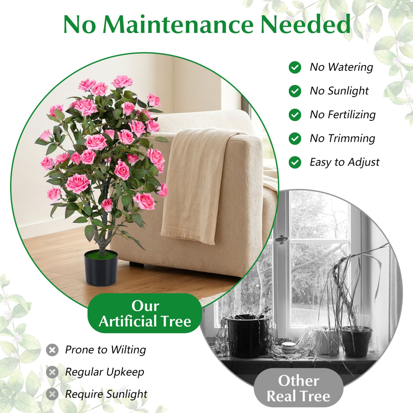 35.5" Artificial Rose Tree, Blooming Flowers & Leaves, Pink