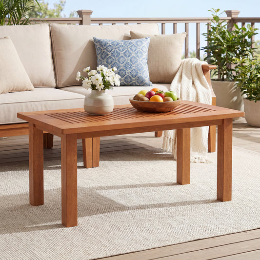 35.5 Inch Outdoor Modern Rectangular Coffee Table with Slatted Top for Backyard Patio Coffee Tables Rustic Brown at Gallery Canada