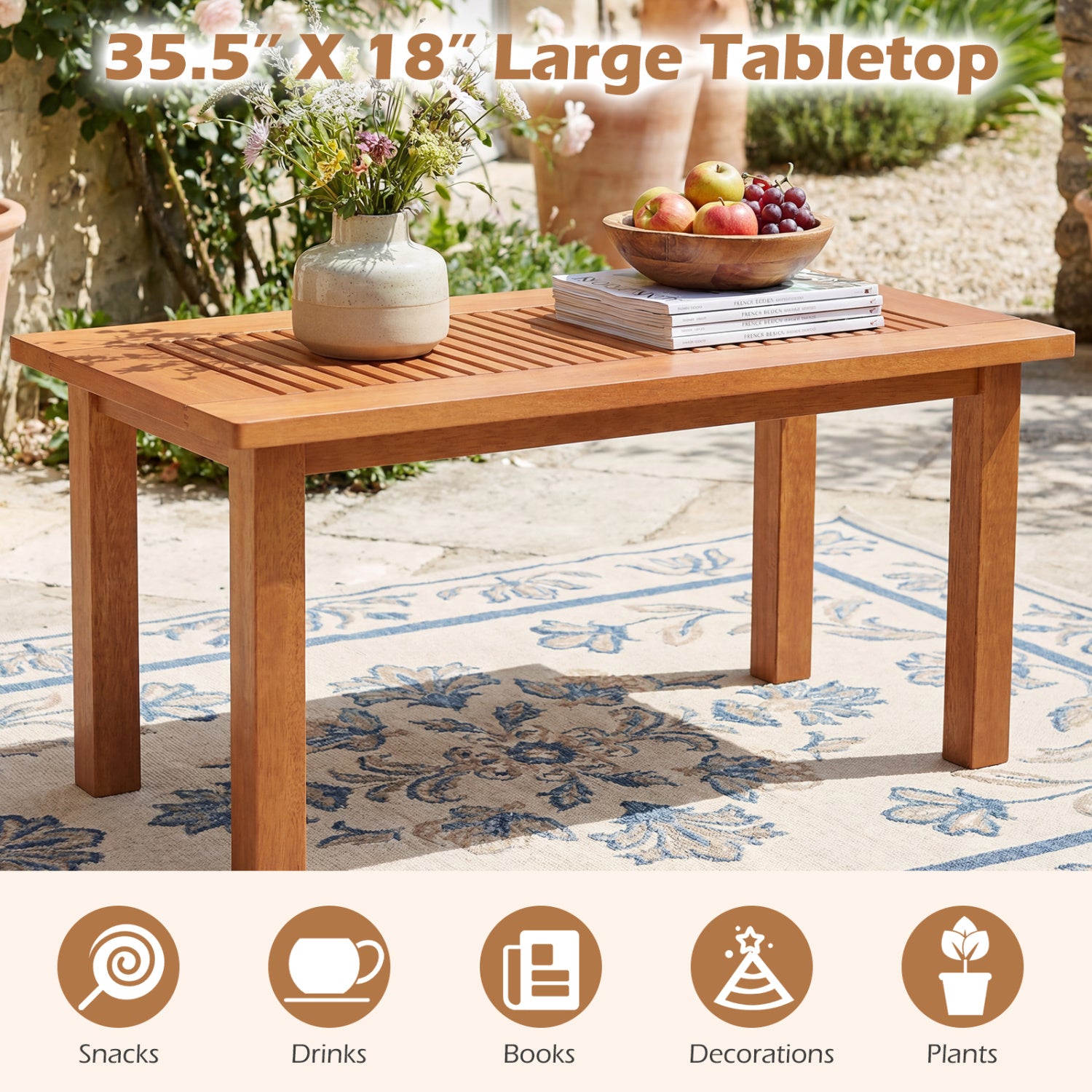35.5 Inch Outdoor Modern Rectangular Coffee Table with Slatted Top for Backyard Patio Coffee Tables at Gallery Canada