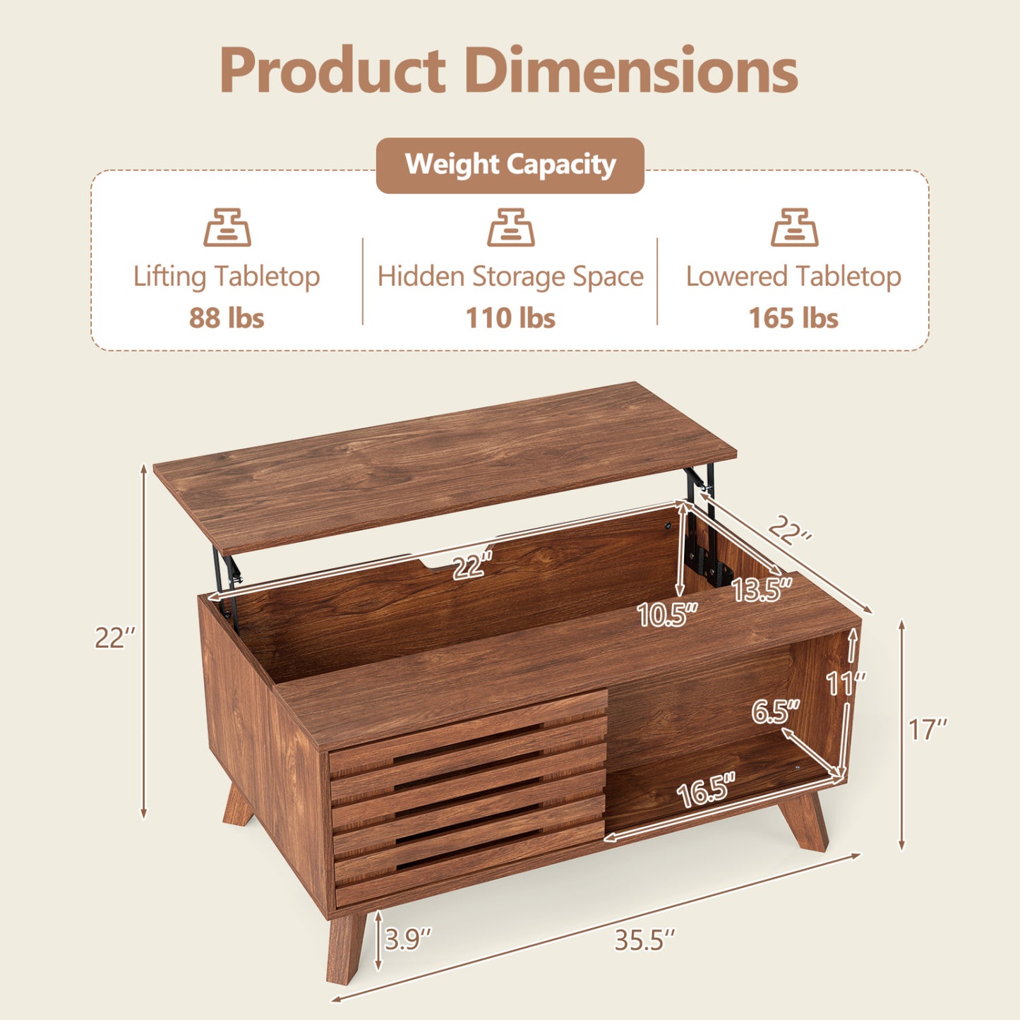 35.5" Lift Top Coffee Table, Hidden Compartment, Brown