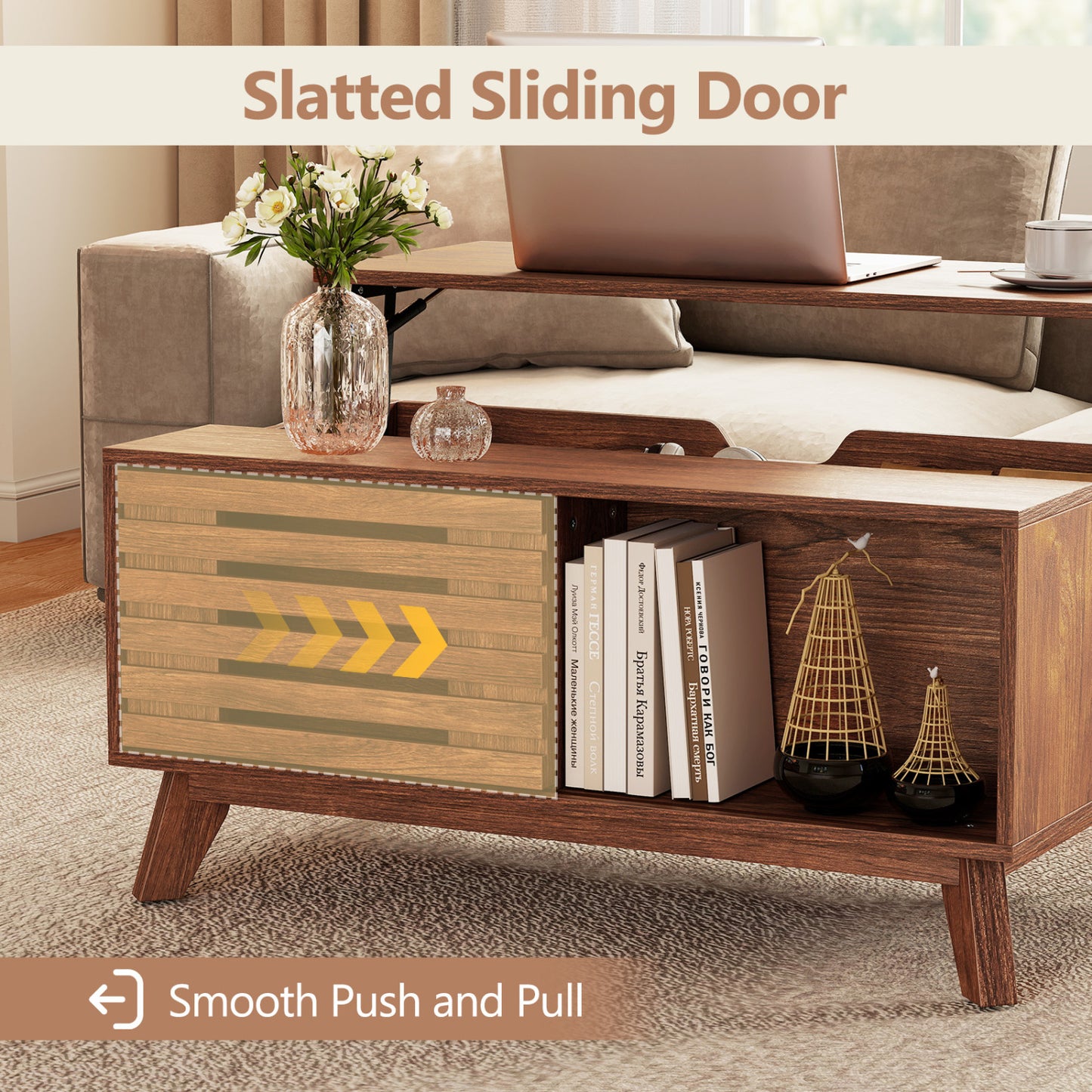 35.5" Lift Top Coffee Table, Hidden Compartment, Brown