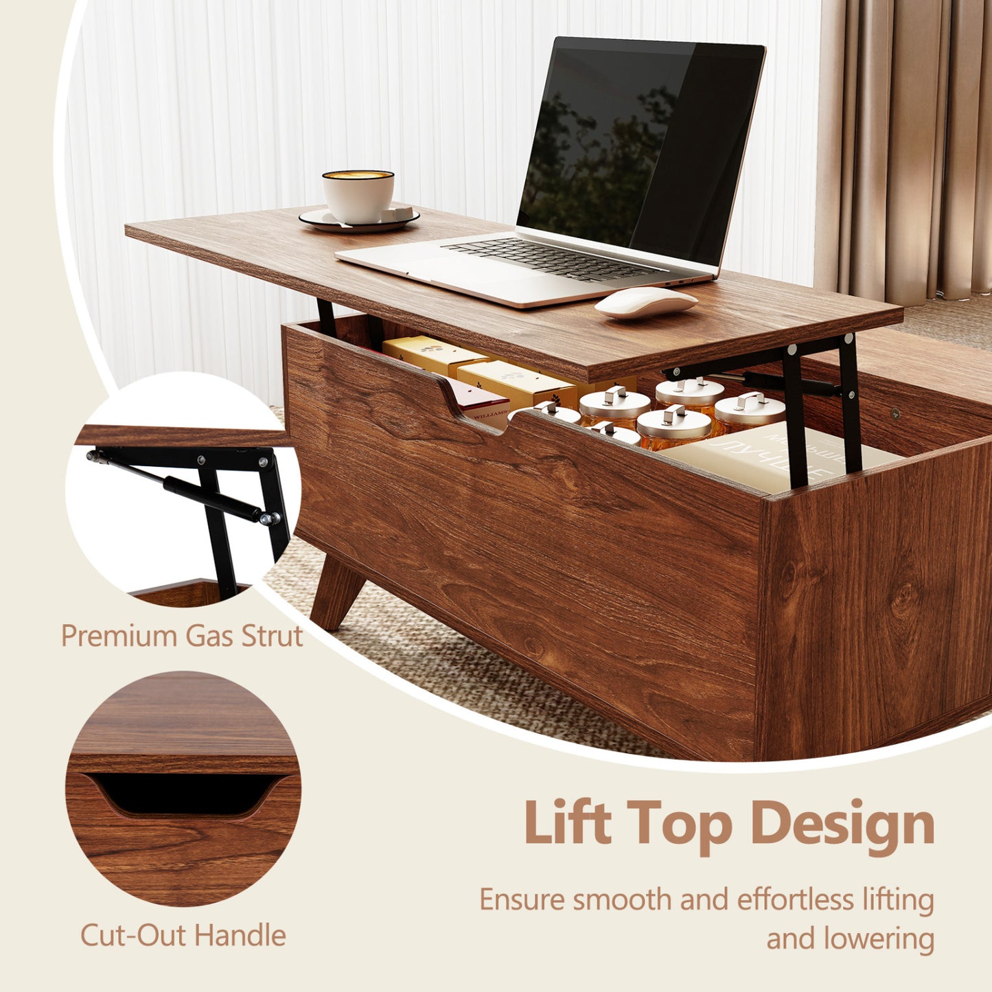 35.5" Lift Top Coffee Table, Hidden Compartment, Brown