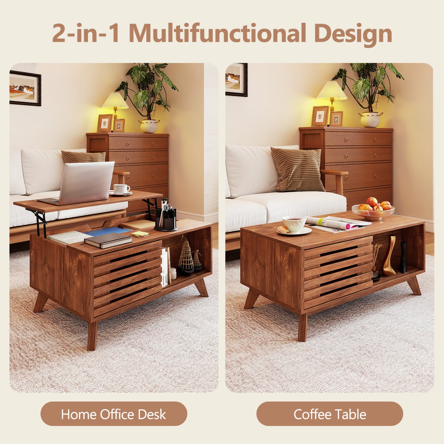 35.5" Lift Top Coffee Table, Hidden Compartment, Brown