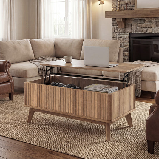 35.5" Rectangle Wooden Fluted Lift Top Coffee Table, Walnut Coffee Tables Walnut at Gallery Canada