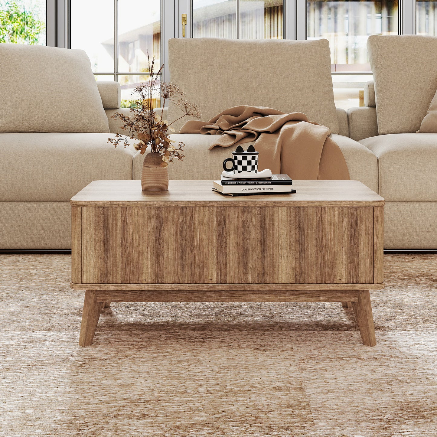 35.5" Rectangle Wooden Fluted Lift Top Coffee Table, Walnut Coffee Tables at Gallery Canada
