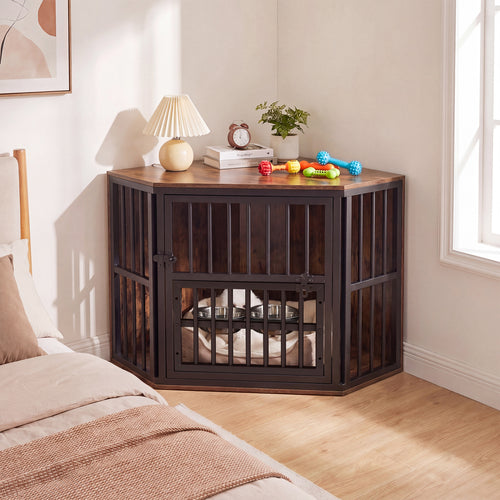35.5 Inches Wooden Dog Kennel End Table, Dog Bowl Rack, Rustic Brown
