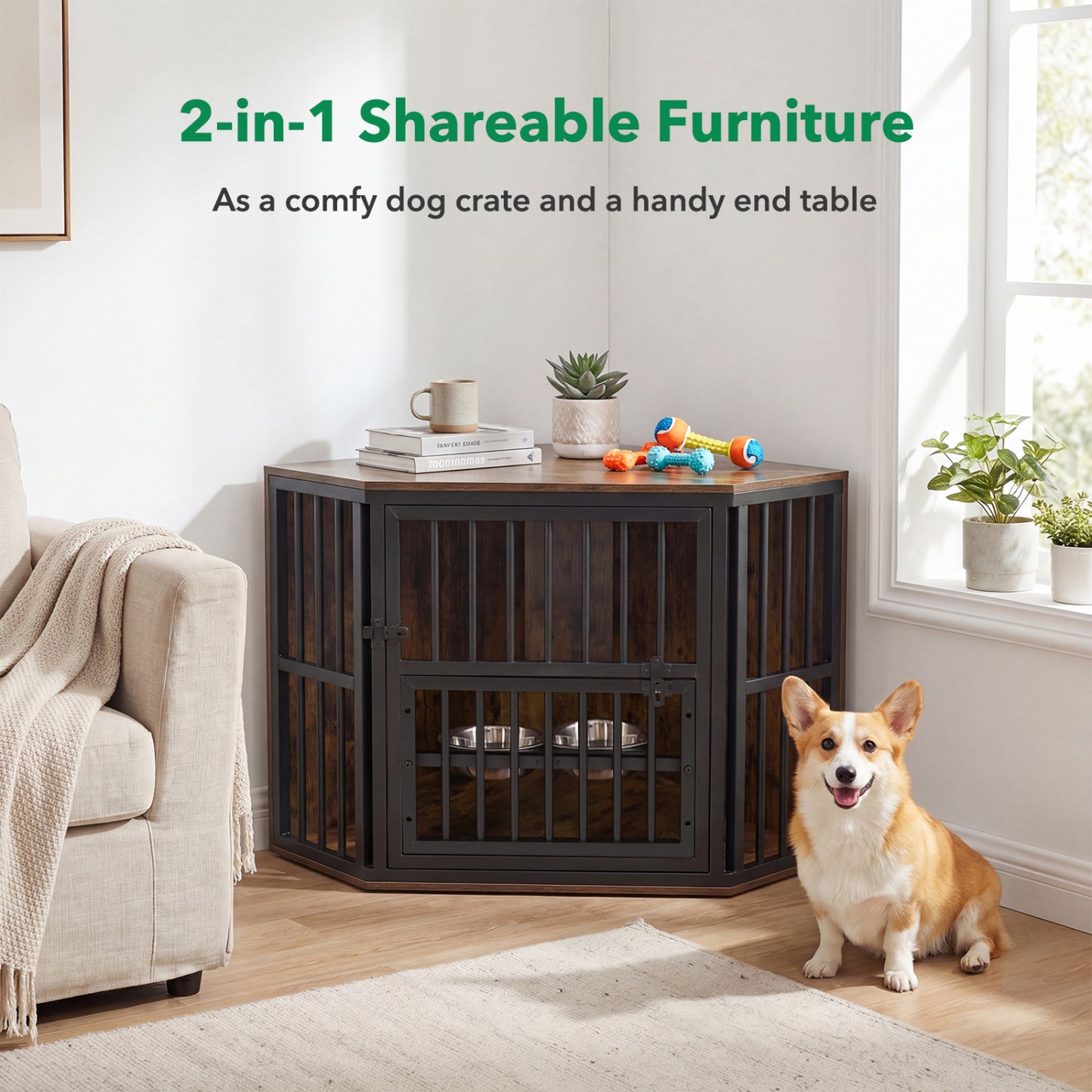 35.5 Inches Wooden Dog Kennel End Table, Dog Bowl Rack, Rustic Brown Dog Kennels at Gallery Canada