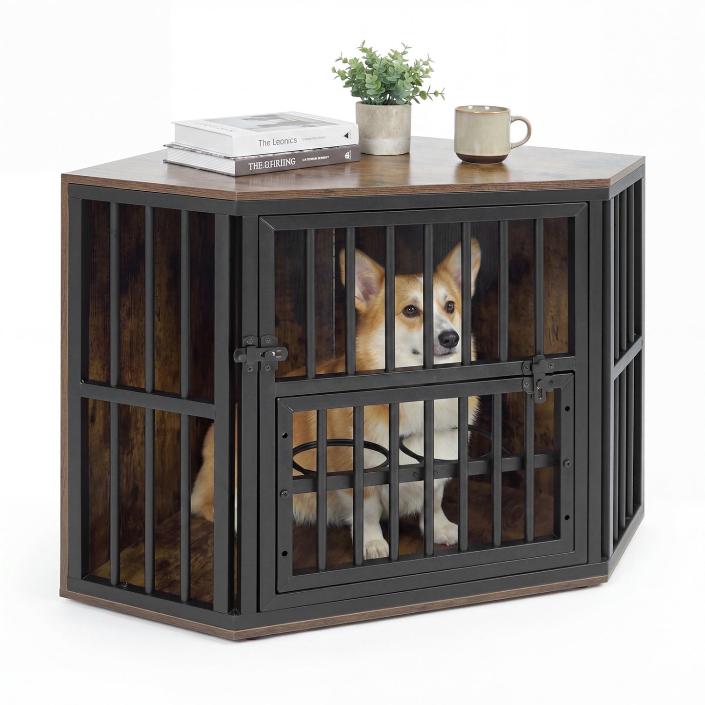 35.5 Inches Wooden Dog Kennel End Table, Dog Bowl Rack, Rustic Brown Dog Kennels at Gallery Canada