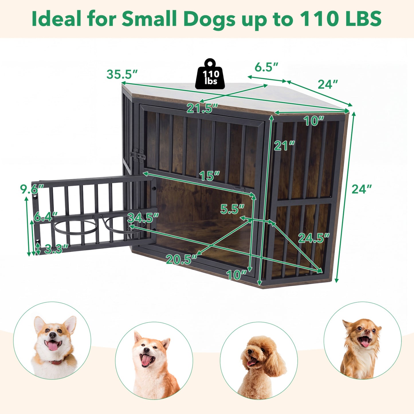 35.5 Inches Wooden Dog Kennel End Table, Dog Bowl Rack, Rustic Brown Dog Kennels at Gallery Canada