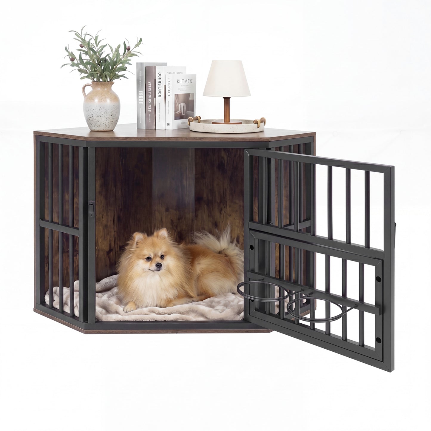 35.5 Inches Wooden Dog Kennel End Table, Dog Bowl Rack, Rustic Brown Dog Kennels at Gallery Canada
