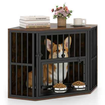 35.5 Inches Wooden Dog Kennel End Table, Dog Bowl Rack, Rustic Brown Dog Kennels at Gallery Canada