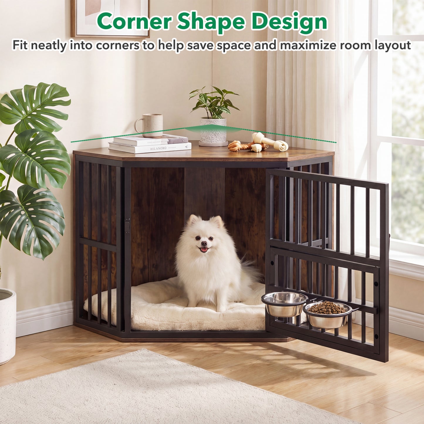 35.5 Inches Wooden Dog Kennel End Table, Dog Bowl Rack, Rustic Brown Dog Kennels at Gallery Canada