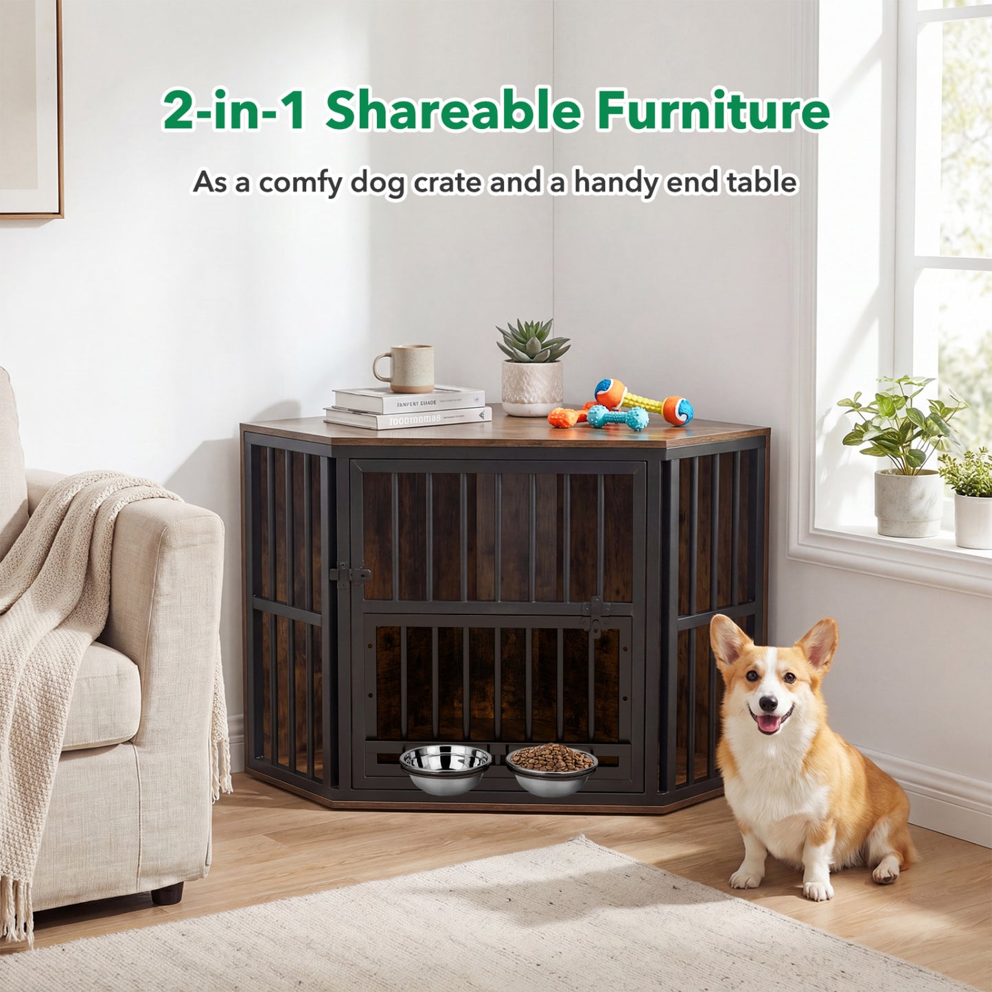 35.5 Inches Wooden Dog Kennel End Table, Dog Bowl Rack, Rustic Brown Dog Kennels at Gallery Canada