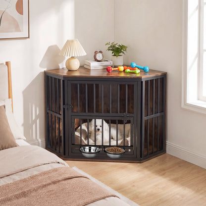 35.5 Inches Wooden Dog Kennel End Table, Dog Bowl Rack, Rustic Brown Dog Kennels at Gallery Canada
