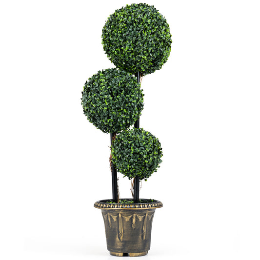 35 Inches Artificial Boxwood Topiary Tree, Triple Ball Shrubs Faux Plants Green at Gallery Canada
