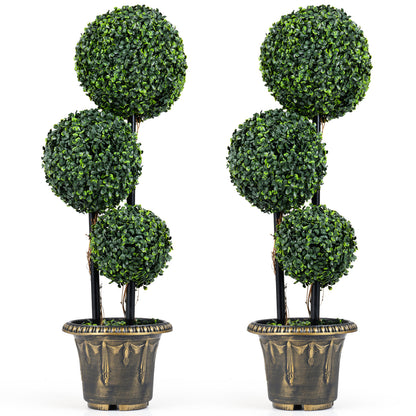 35 Inches Artificial Boxwood Topiary Tree, Triple Ball Shrubs, Set of 2 Faux Plants at Gallery Canada