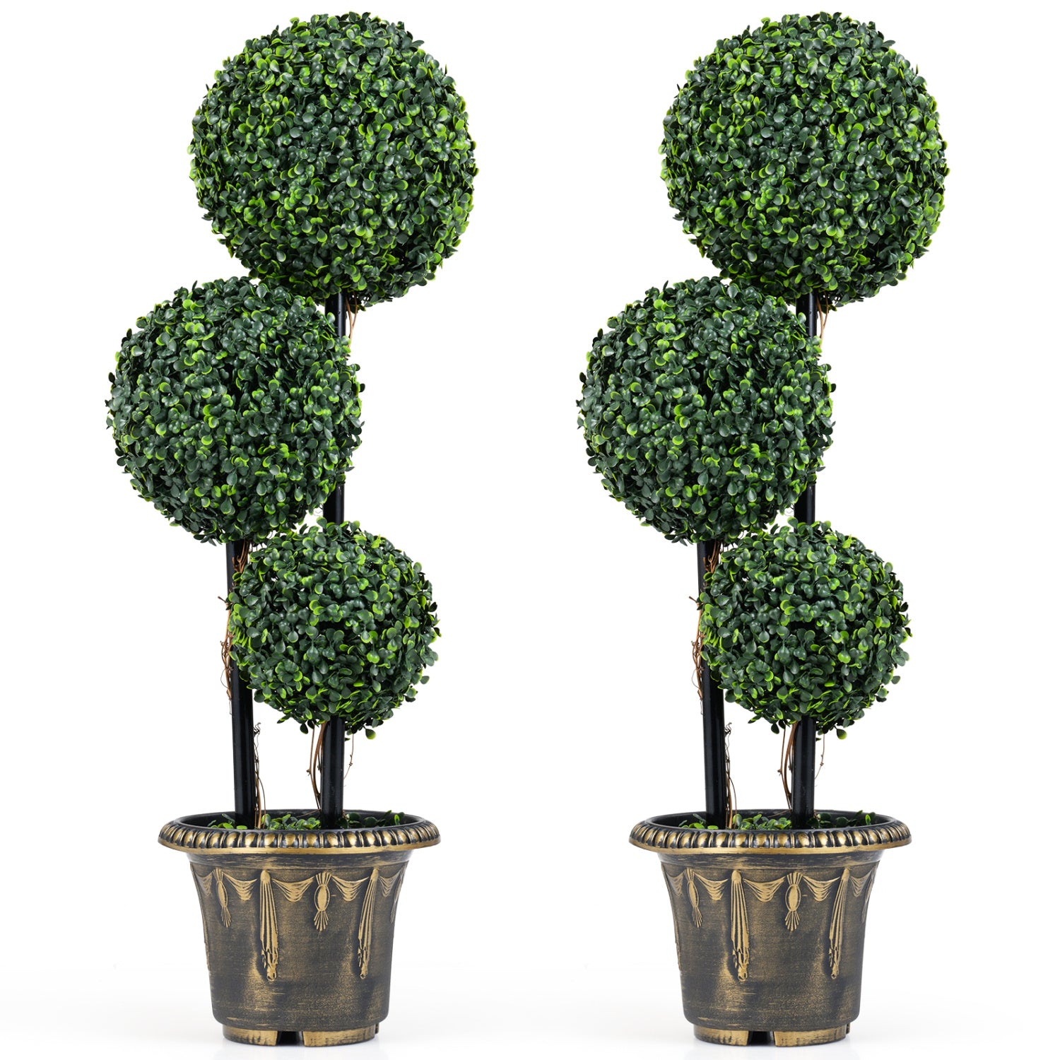 35 Inches Artificial Boxwood Topiary Tree, Triple Ball Shrubs, Set of 2 Faux Plants Green at Gallery Canada