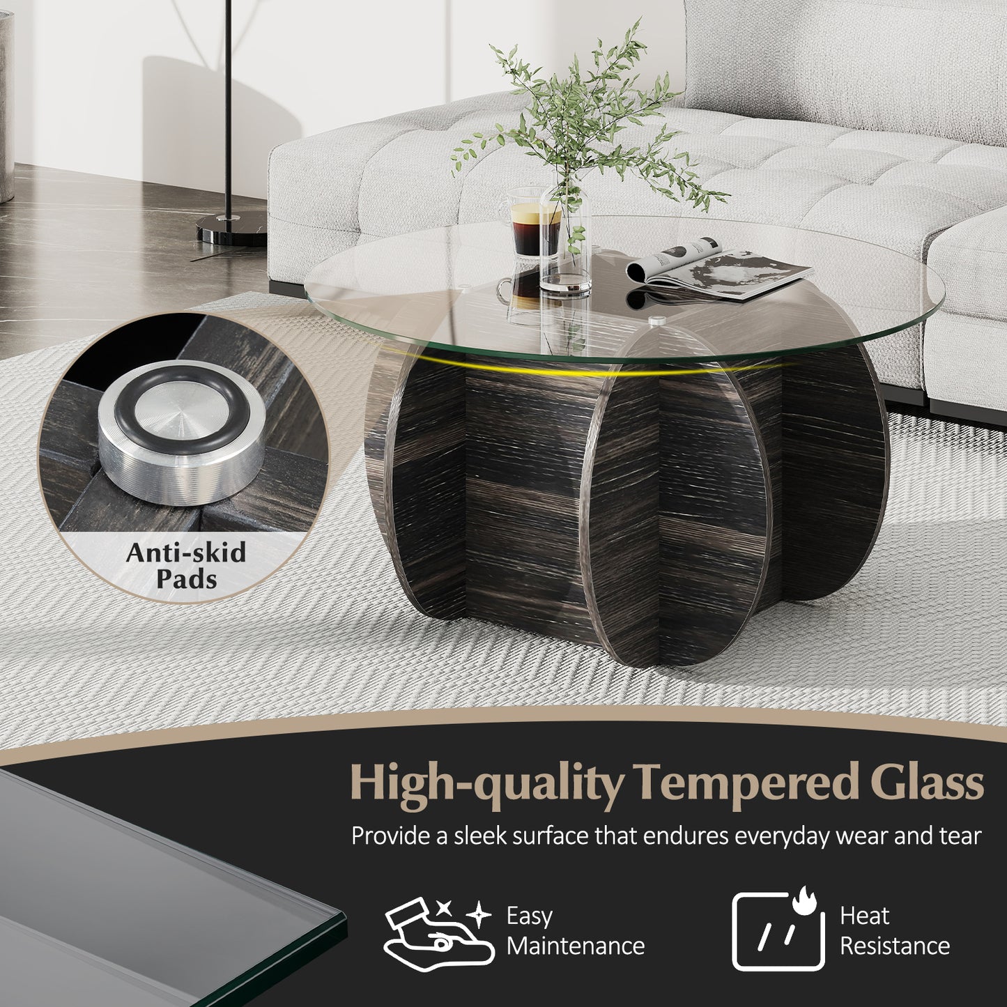 35" Round Coffee Table Unique Circle Center Table with Tempered Glass Top and Solid Wood Base, Black End & Side Tables at Gallery Canada
