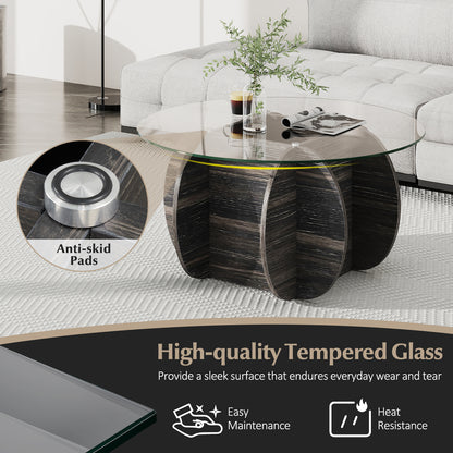35" Round Coffee Table Unique Circle Center Table with Tempered Glass Top and Solid Wood Base, Black End & Side Tables at Gallery Canada