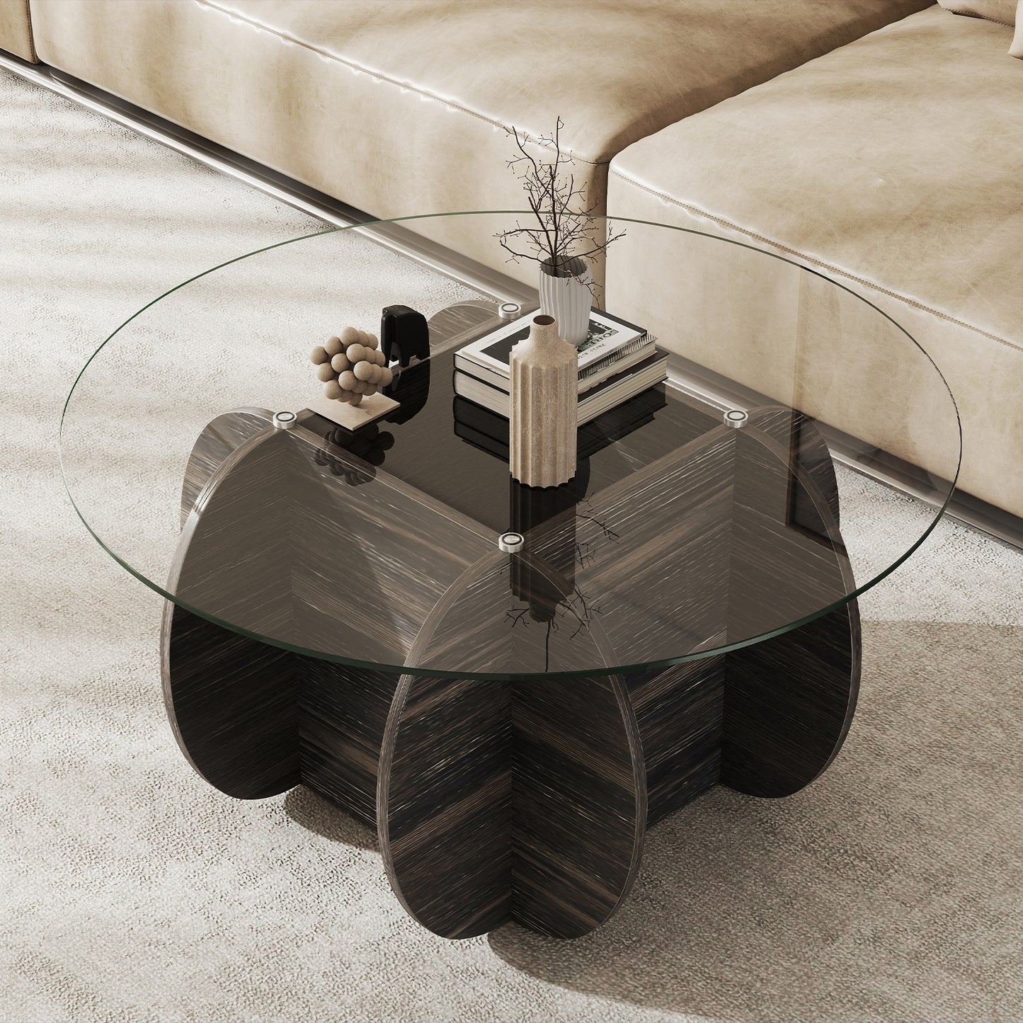 35" Round Coffee Table Unique Circle Center Table with Tempered Glass Top and Solid Wood Base, Black End & Side Tables at Gallery Canada