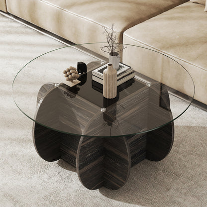35" Round Coffee Table Unique Circle Center Table with Tempered Glass Top and Solid Wood Base, Black End & Side Tables at Gallery Canada