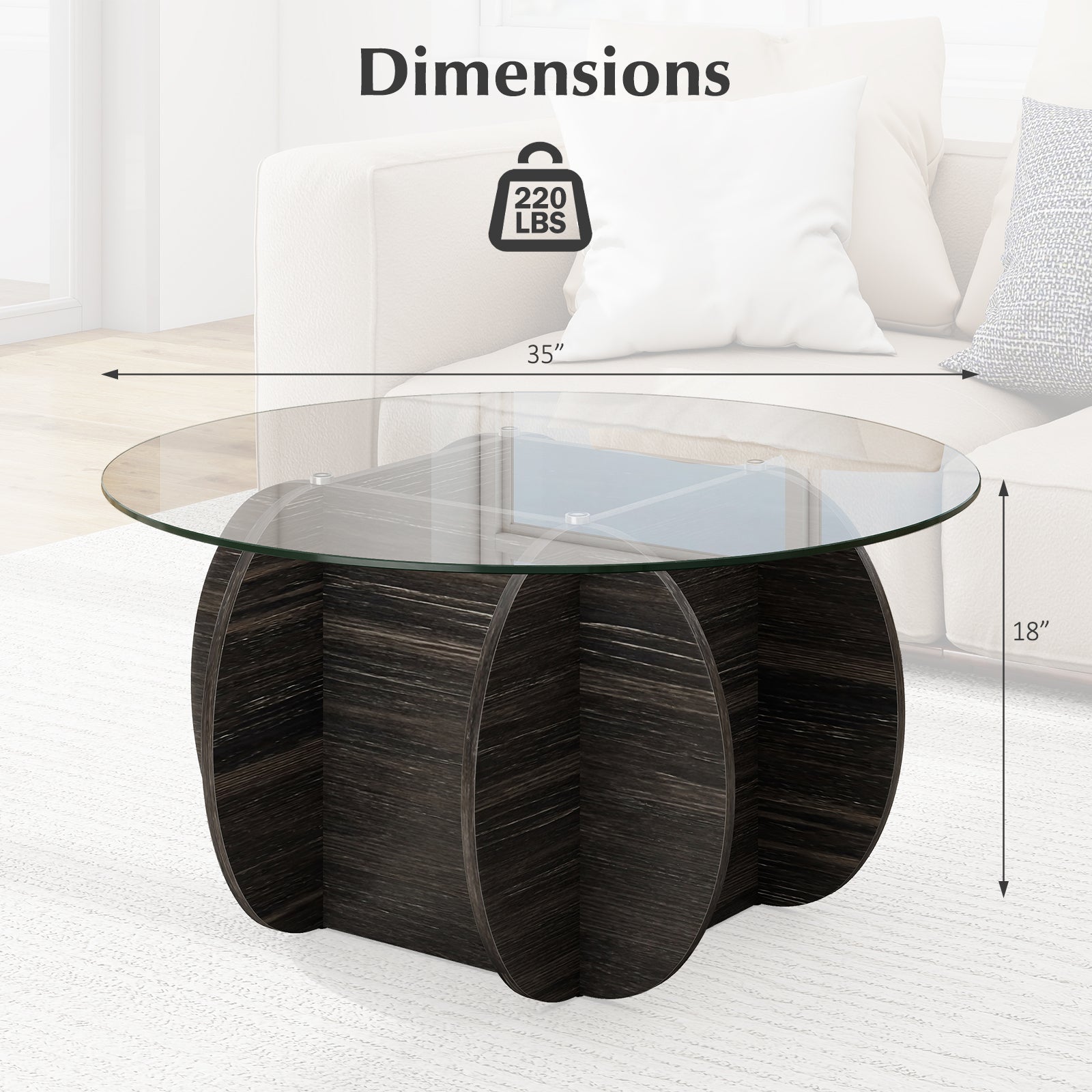 35" Round Coffee Table Unique Circle Center Table with Tempered Glass Top and Solid Wood Base, Black End & Side Tables at Gallery Canada