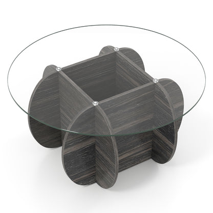 35" Round Coffee Table Unique Circle Center Table with Tempered Glass Top and Solid Wood Base, Black End & Side Tables at Gallery Canada