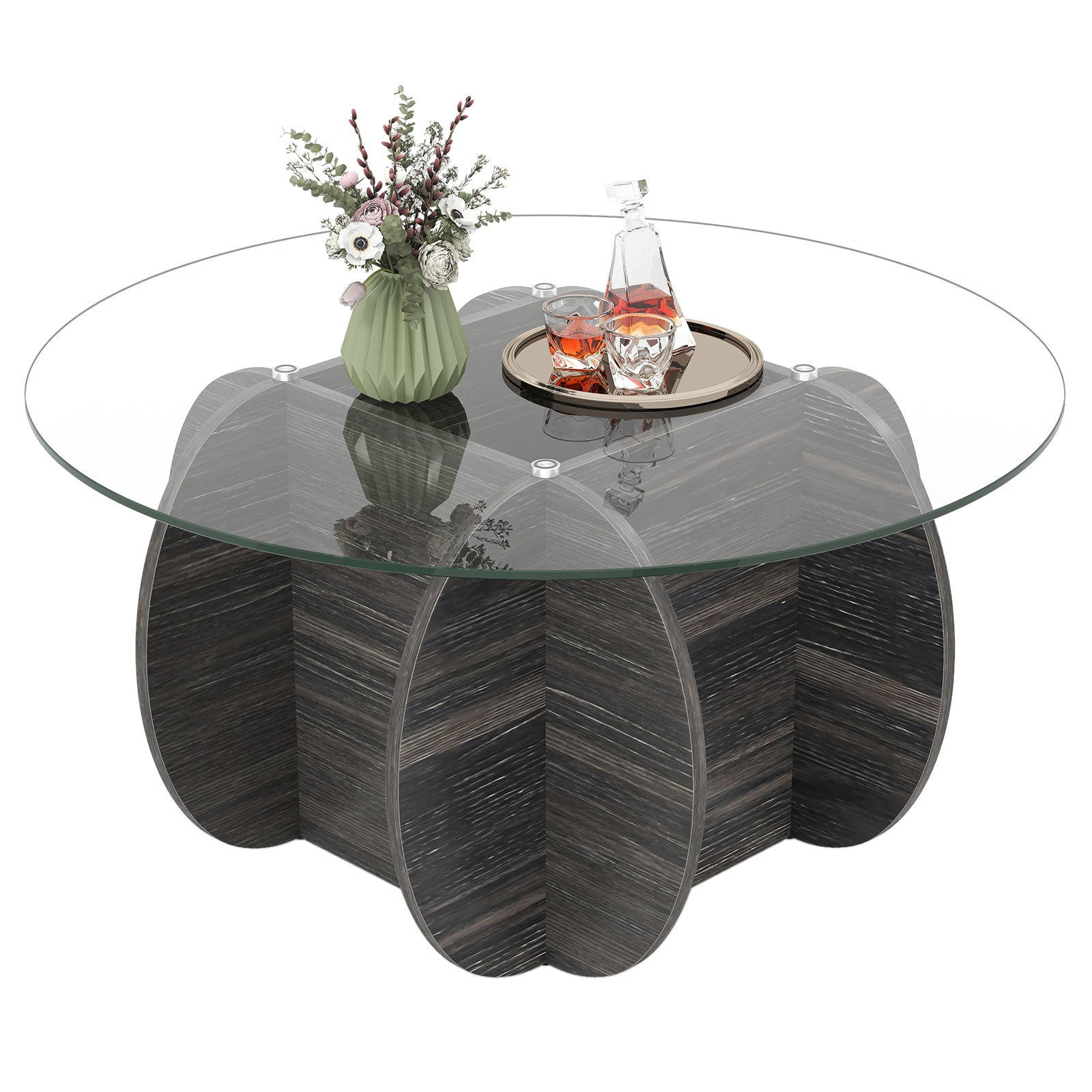 35" Round Coffee Table Unique Circle Center Table with Tempered Glass Top and Solid Wood Base, Black End & Side Tables at Gallery Canada