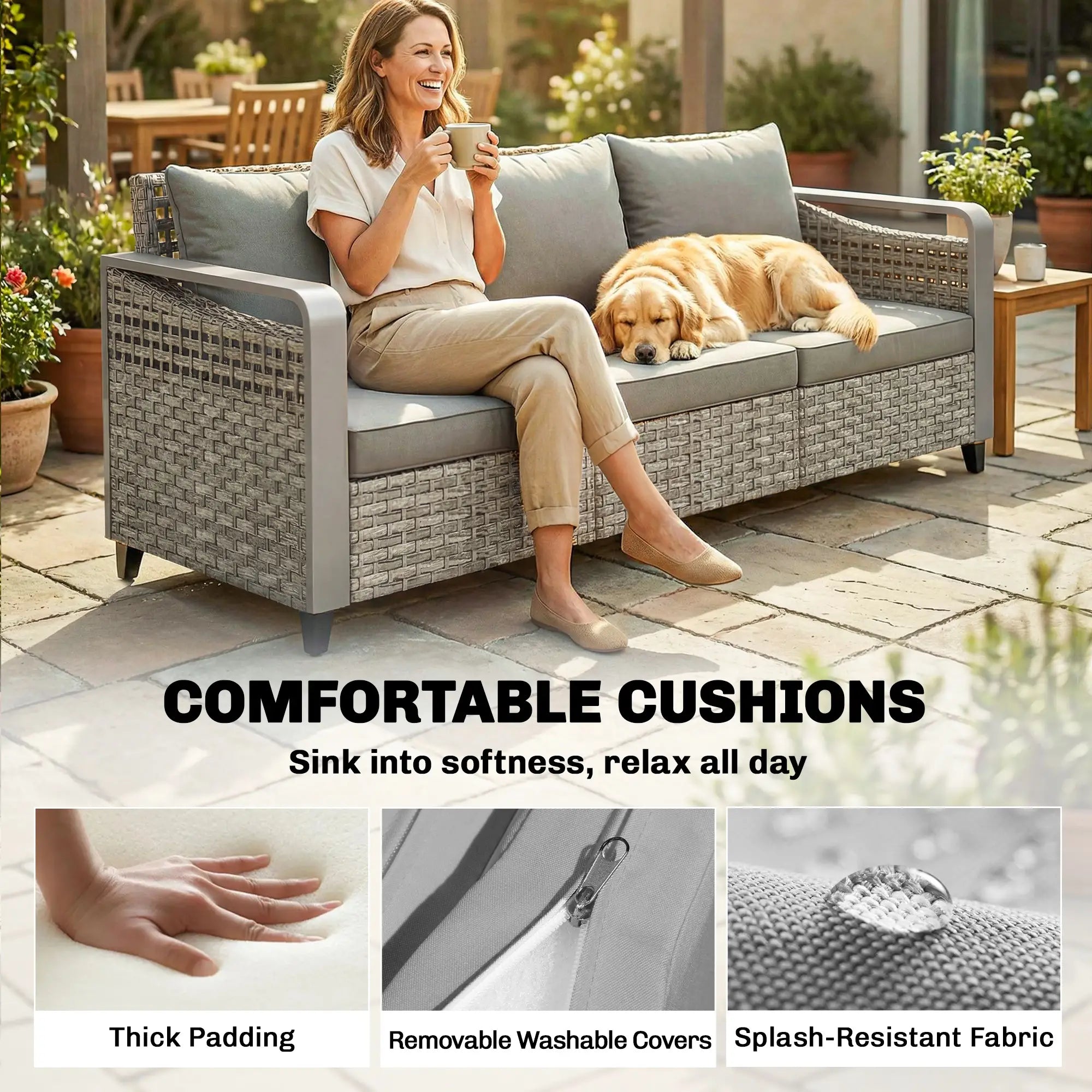 Rattan Wicker Sofa, 3-Seater Outdoor Couch With Cushions, Grey Patio Furniture Sets at Gallery Canada