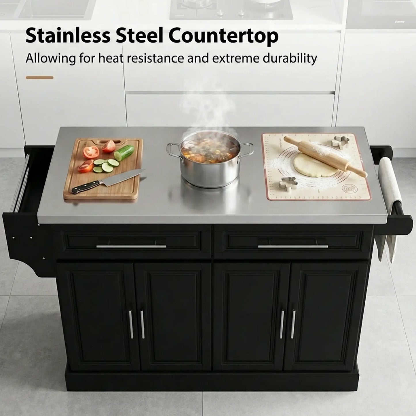 Rolling Kitchen Island with Storage and Stainless Steel Top, Kitchen Trolley with Drawers, Cabinets, Towel Rack Kitchen Islands & Kitchen Carts at Gallery Canada