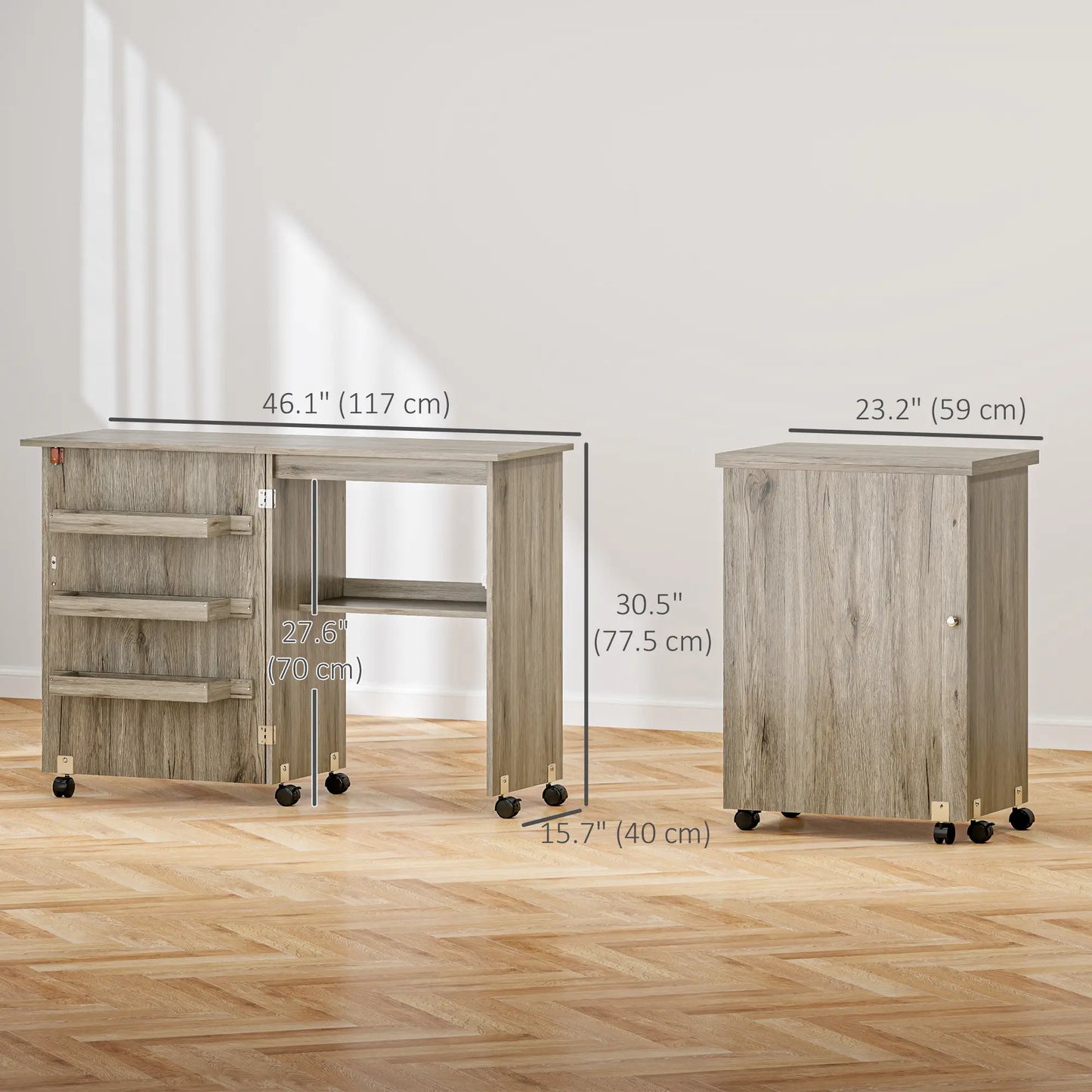 Folding Sewing Table with Storage Shelf, Bins, Lockable Wheels, Grey Storage Cabinets at Gallery Canada
