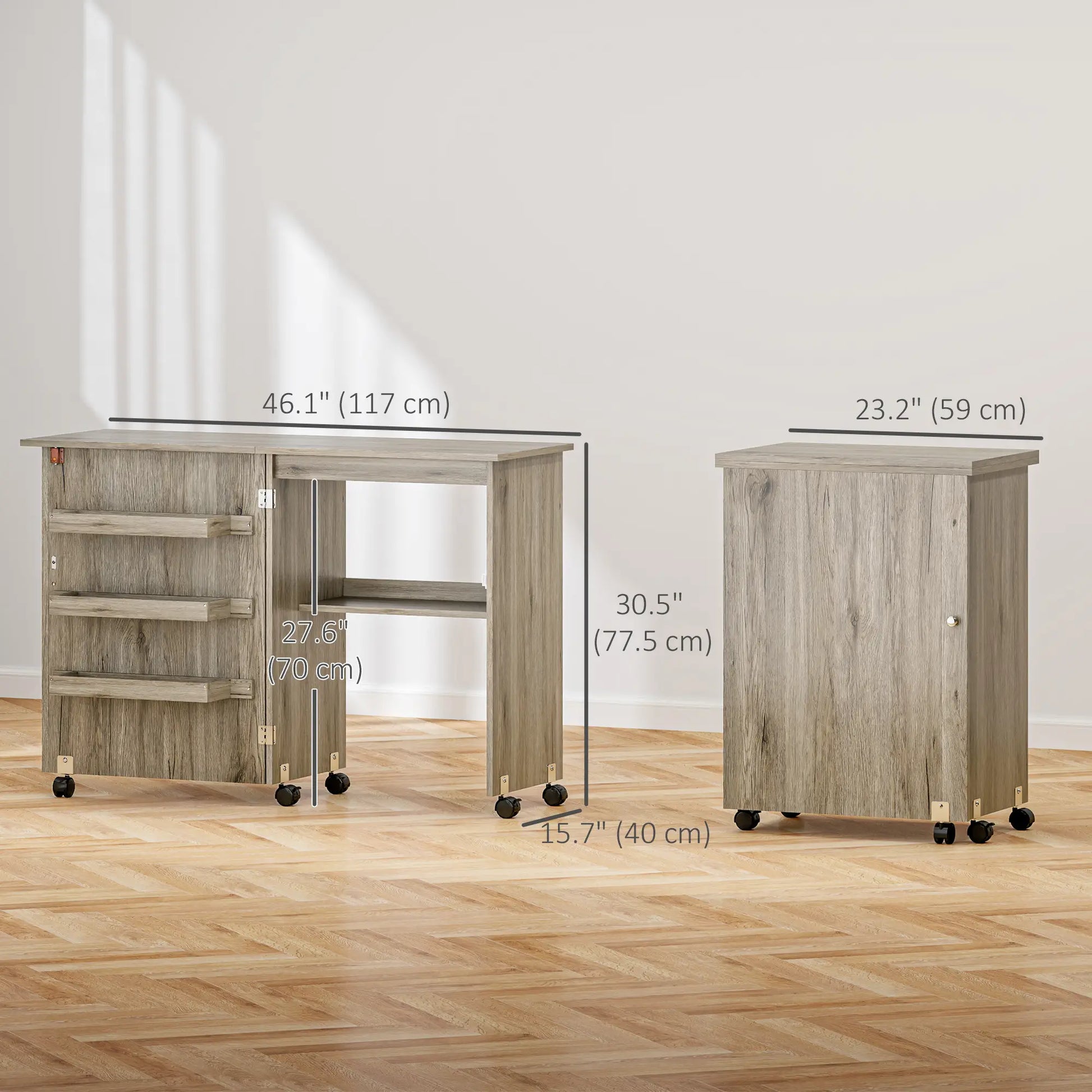 Folding Sewing Table with Storage Shelf, Bins, Lockable Wheels, Grey Storage Cabinets at Gallery Canada