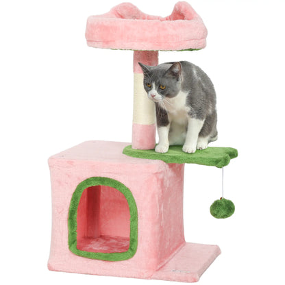 28 Inch Cat Tree Tower with Plush Bed, Condo, Scratching Post, Pink & Green Cat Posts at Gallery Canada
