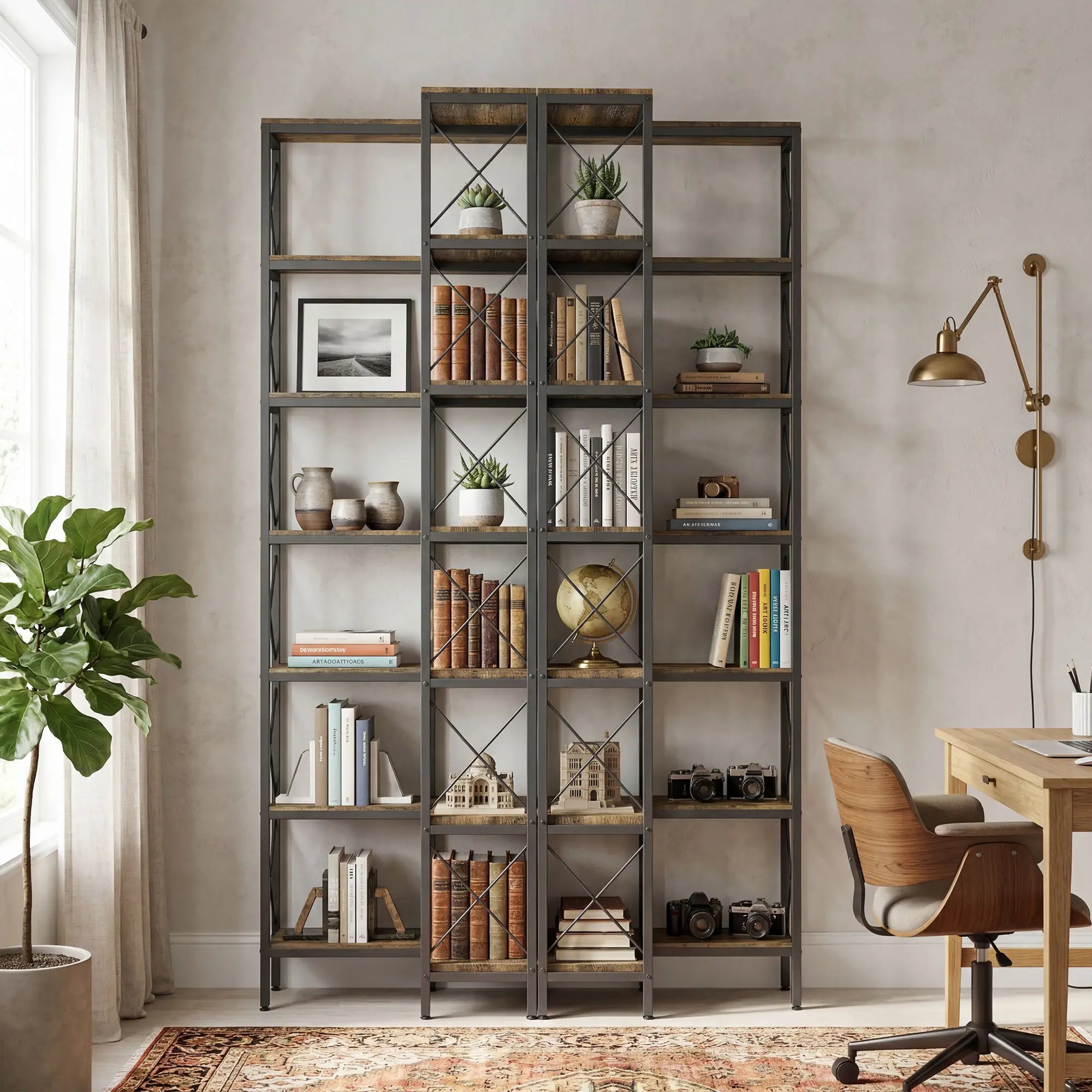 6-Tier L-Shaped Bookshelf, Freestanding Corner Bookcase with Metal Frame, Rustic Brown Display Bookshelves at Gallery Canada