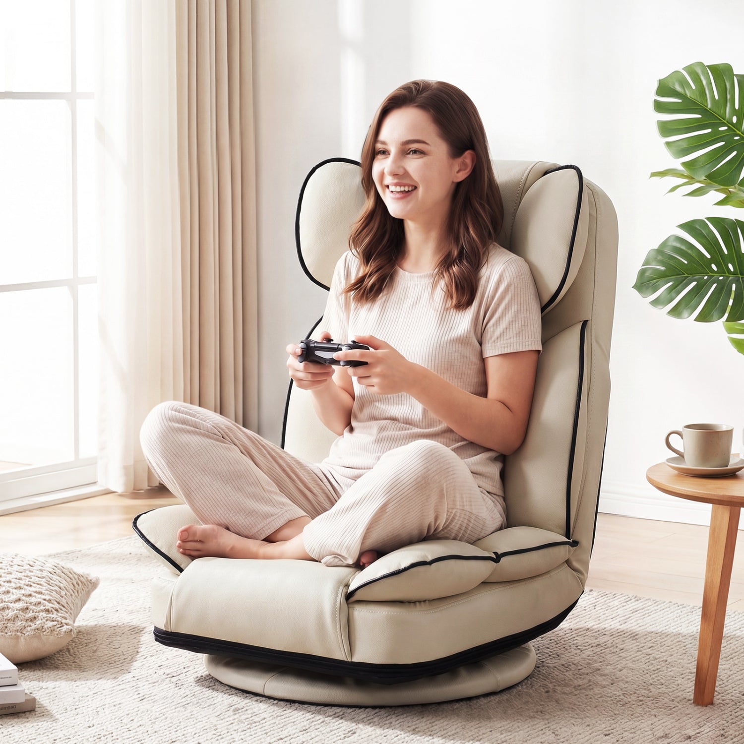 360 Swivel Floor Gaming Chair, 6-Position Backrest, Beige Floor Chairs at Gallery Canada