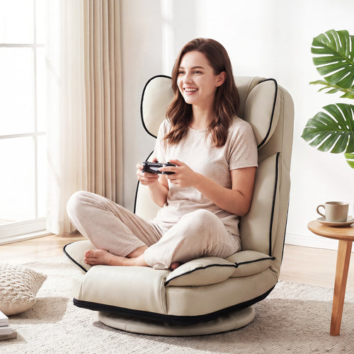 360 Swivel Floor Gaming Chair, 6-Position Backrest, Beige
