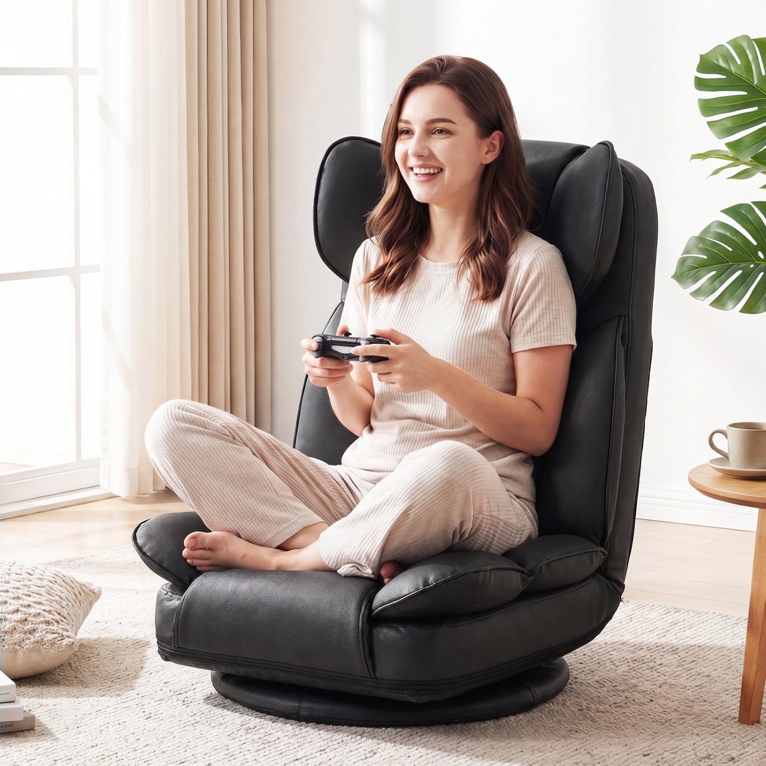 Swivel Floor Gaming Chair, Adjustable Backrest, Black Floor Chairs at Gallery Canada