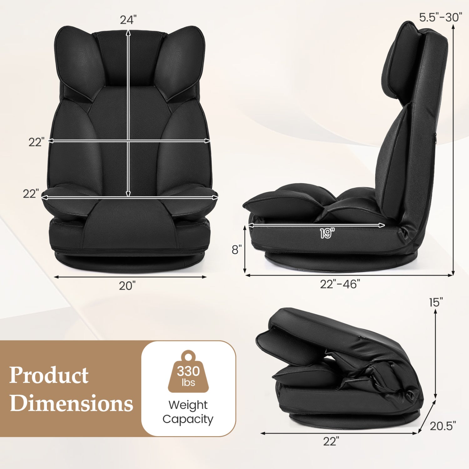 Swivel Floor Gaming Chair, Adjustable Backrest, Black Floor Chairs at Gallery Canada