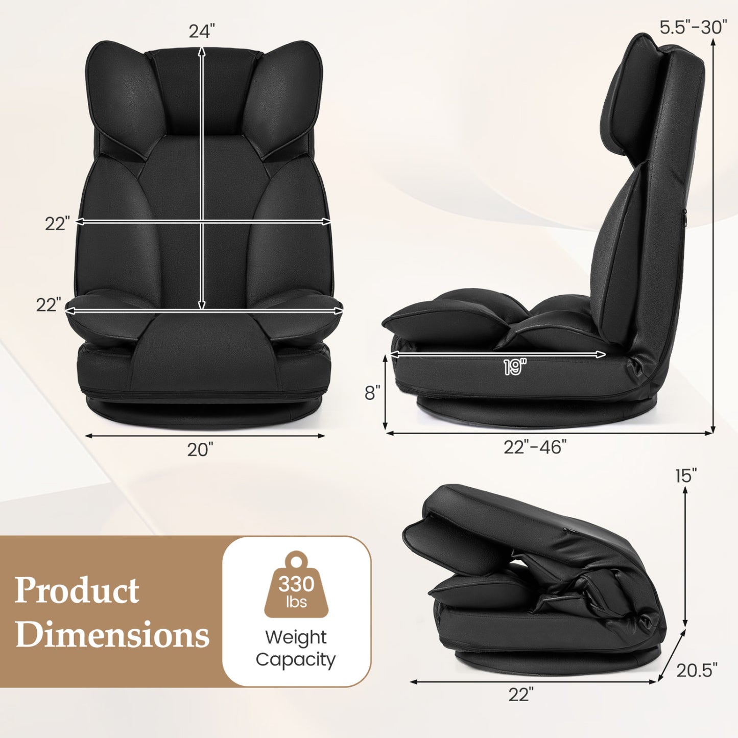 Swivel Floor Gaming Chair, Adjustable Backrest, Black Floor Chairs at Gallery Canada