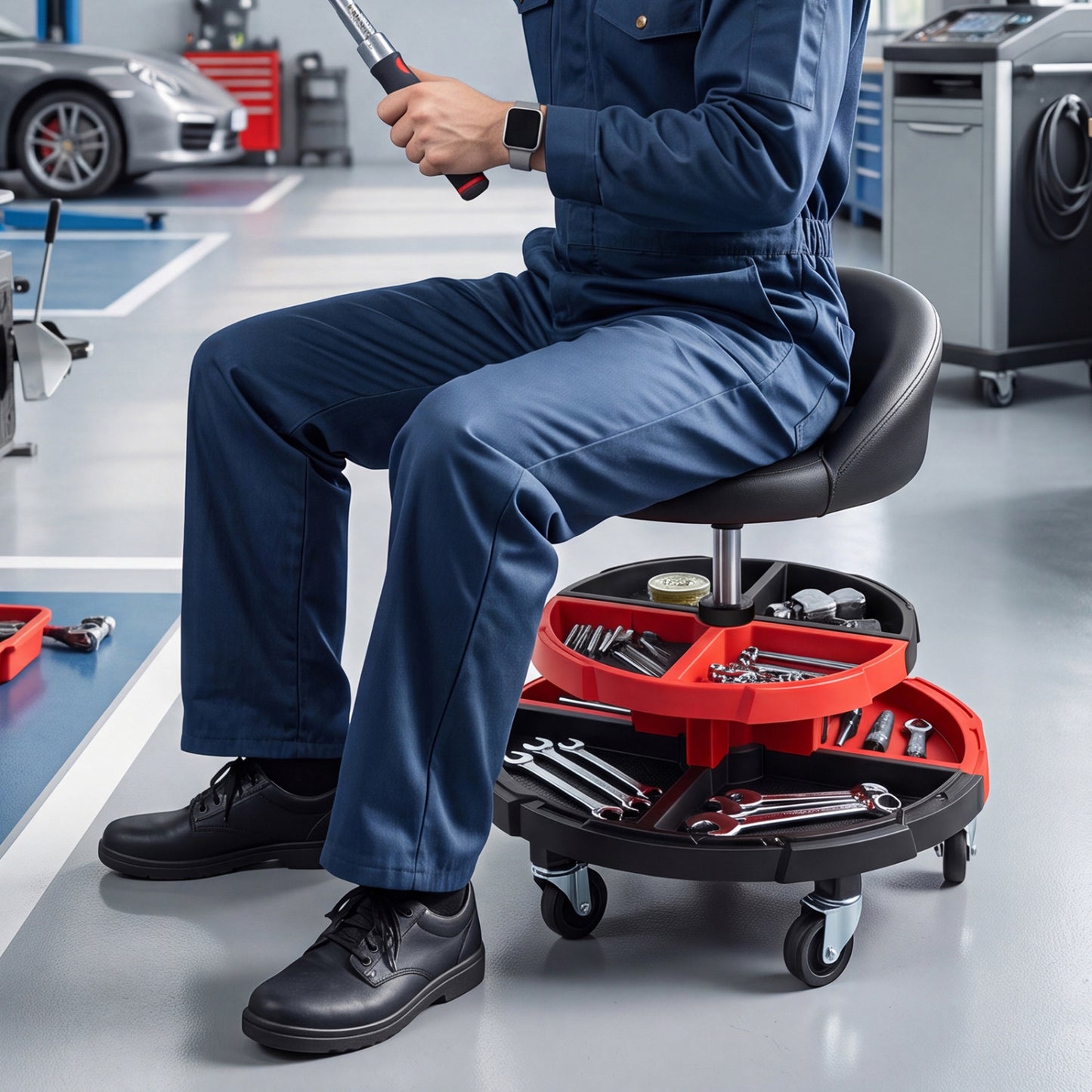 360° Rolling Mechanic Stool with Tool Trays, Red