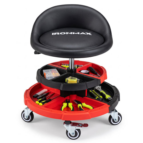 360° Rolling Mechanic Stool with Tool Trays, Red