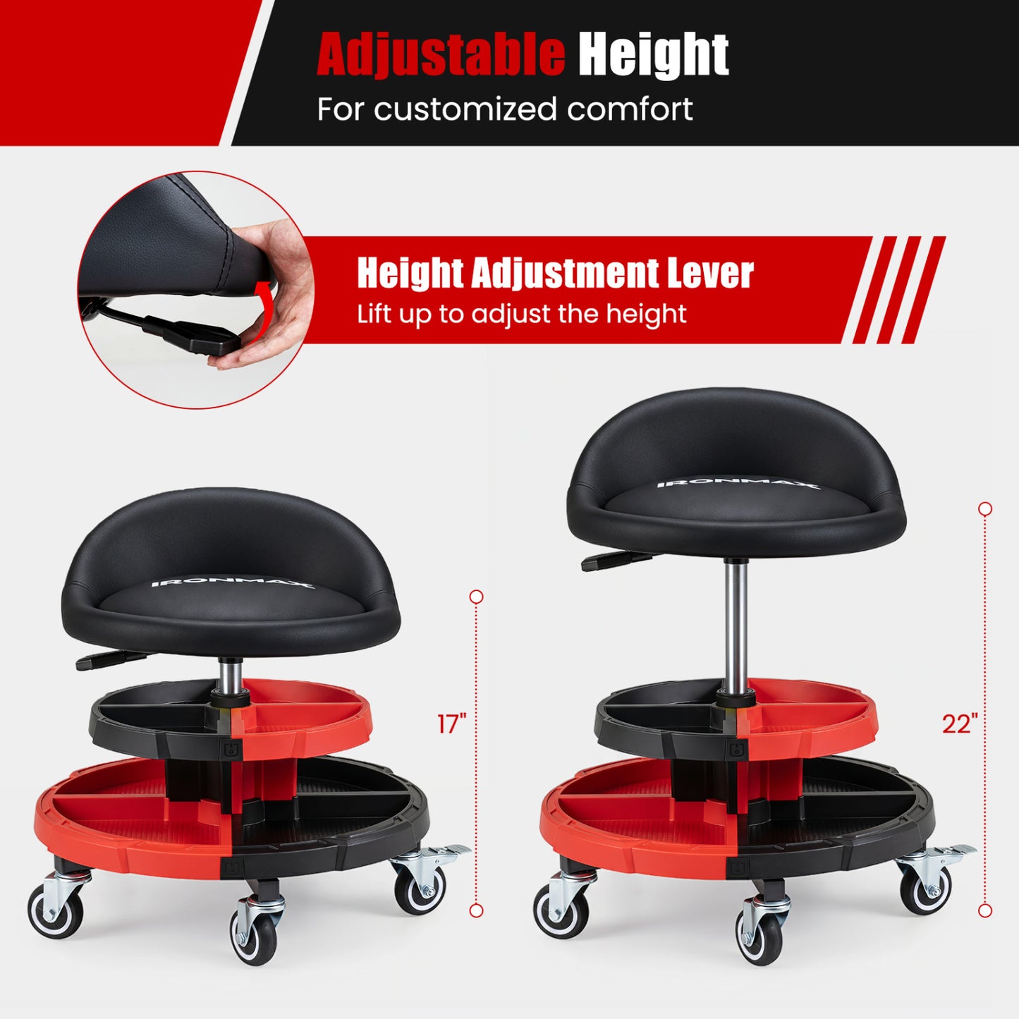 360° Rolling Mechanic Stool with Tool Trays, Red