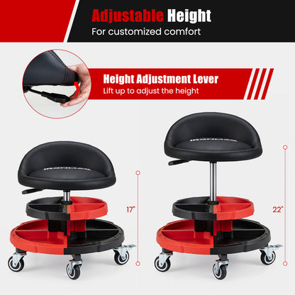 360° Rolling Mechanic Stool with Tool Trays, Red