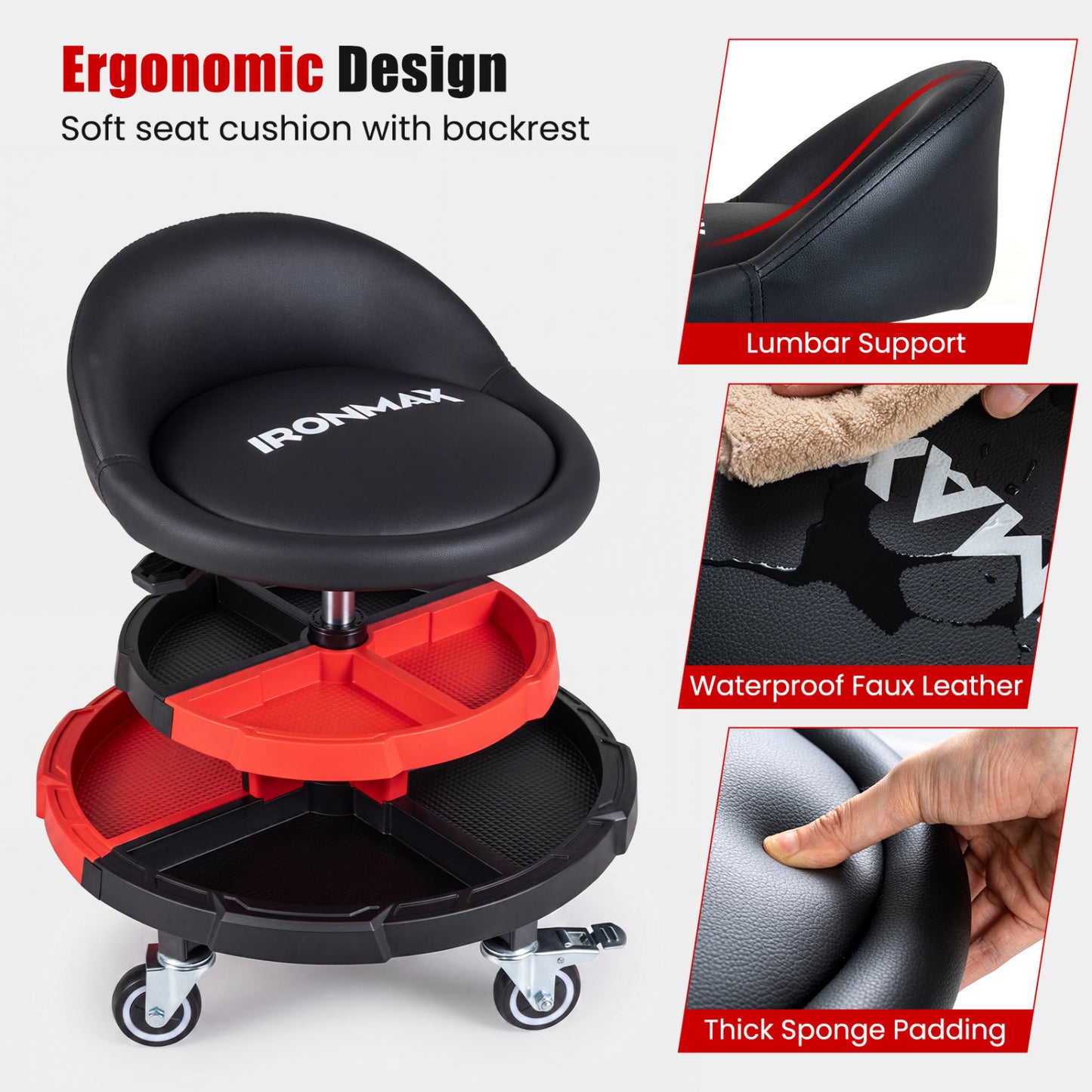 360° Rolling Mechanic Stool with Tool Trays, Red