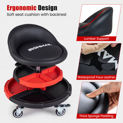360° Rolling Mechanic Stool with Tool Trays, Red